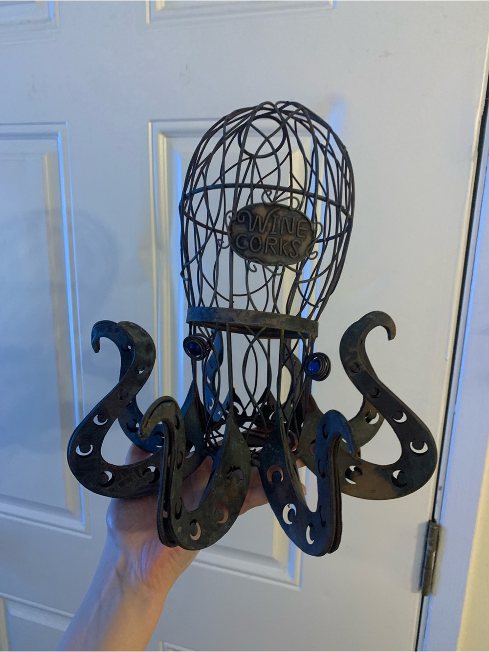 Rustic Metal Octopus Wine Cork Storage Cage blue glass eyes beautiful decor